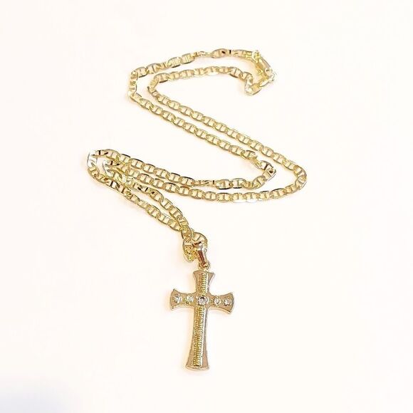 Men's 18kt Gold Plated Flat Marine Link Chain with Cross pendant - Picture 1 of 4